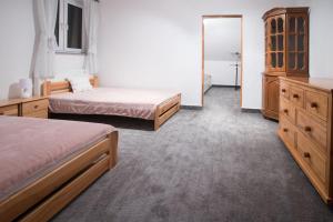 a bedroom with two beds and a dresser and a mirror at Apartament na Kanałowej in Sztutowo