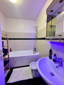 a bathroom with a sink and a tub and a toilet at Studio 30m2 à 1O min du métro Pont de Sèvres L9 in Sèvres
