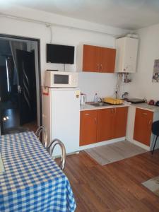 a kitchen with a white refrigerator and a microwave at Casa Judith in Turda