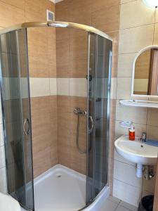 a bathroom with a shower and a sink at Dom Gościnny Stokrotka in Pustkowo +23 photos