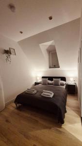 a bedroom with a large bed in a room at Apartment 2 nähe Rhein mit top Verkehrsanbindung in Wiesbaden +8 photos