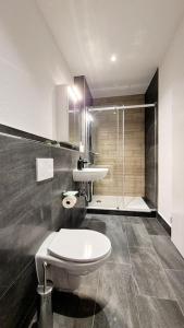 a bathroom with a toilet and a sink and a shower at Apartment 2 nähe Rhein mit top Verkehrsanbindung in Wiesbaden