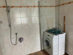 a washing machine in a bathroom with a shower at Landhof Lindner in Lüptitz +12 photos