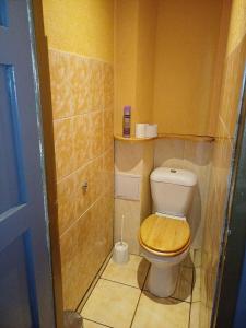 Un pequeño baño con inodoro con asiento de madera. en Inzenieru 77 apartment, en Ventspils