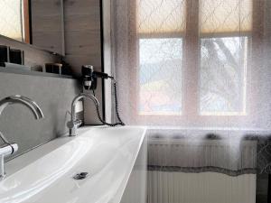 a bathroom with a white sink and a window at Hotel & Restaurant Schloss Weißenburg in Uhlstädt