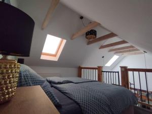 a bedroom with a bed in a room with skylights at Apartmán Loft in Párnica