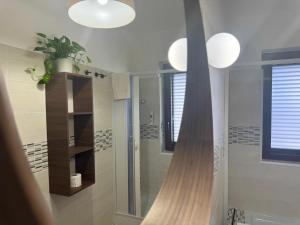 a bathroom with a walk in shower and a mirror at Casa Spartea Cilento coast in Marina di Camerota +23 photos