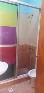 a bathroom with a shower with a sink and a toilet at Casa en uspallata in Uspallata