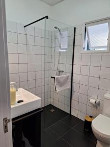 a bathroom with a shower and a sink and a toilet at Casa da Avó Teresa in Porto Santo +11 photos