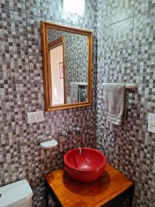 a bathroom with a red bowl sink with a mirror at Hosteria Lago Sur in El Calafate