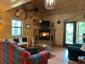 a living room with a couch and a fireplace at Bucksnort Lodge - Game Room and Hot Tub in Blue Ridge