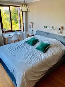 a large bed with two green pillows on it at Charme et confort en Isère in Saint-Siméon-de-Bressieux