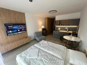 a hotel room with a bed and a tv at Apartmán na Liptove in Liptovský Mikuláš