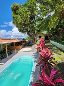 a swimming pool in front of a house with pink plants at Beleza Natural Pousada in Morro de São Paulo