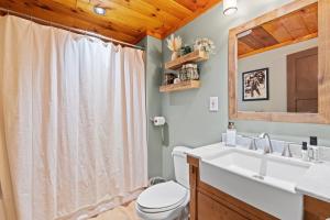 a bathroom with a toilet and a sink and a mirror at Belleau Lake Escape in Wakefield +15 photos