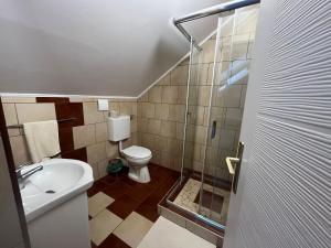 a bathroom with a toilet and a glass shower at Bozsity Vendégház in Üllés +37 photos