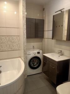 a bathroom with a washing machine and a sink at Biała Grusza in Pieszyce +4 photos