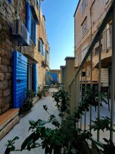 an alley between two tall buildings with a plant at Blue Shutter Garden Studio in Komiža