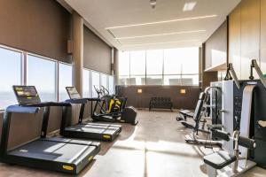 Deco Armani Studio Recoleta في بوينس آيرس: صالة ألعاب رياضية مع أجهزة جري ومعدات للقلب في مبنى