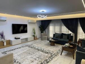 a living room with a couch and a tv at شقة فندقية على النيل in Mansoura