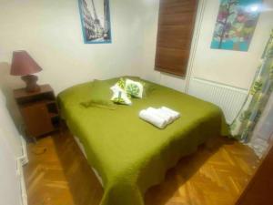 a green bed in a room with a lamp at Panoramik deniz manzaralı dubleks in Adalar