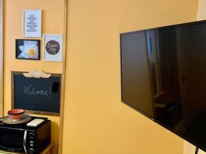 a microwave and a television in a room at Catskill Cabin Apres Ski in Shandaken