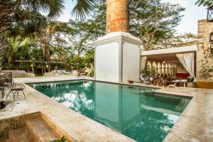a swimming pool in a house with a palm tree at Hacienda Santa Cruz Merida in Mérida