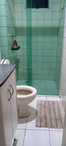 ein Bad mit einem WC und einer grünen Dusche in der Unterkunft Apto Completo Aparecida de Goiânia in Aparecida de Goiania