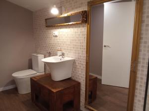 a bathroom with a sink and a toilet and a mirror at Apartamentos "Casa Melé" 3 in Lleida +10 photos