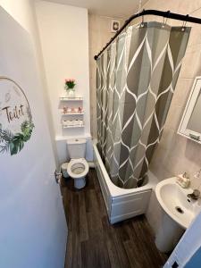 a bathroom with a shower and a toilet and a sink at 41 Home near Kings Cross and Angel in London