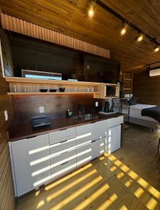 a kitchen with a sink and a bed in a room at Refúgio Paraíso Casa Bela Vitta Spa externo in Orleans