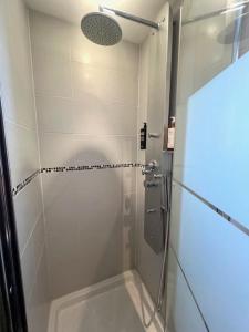 a shower with a glass door in a bathroom at Studio confortable proche Paris in Châtillon