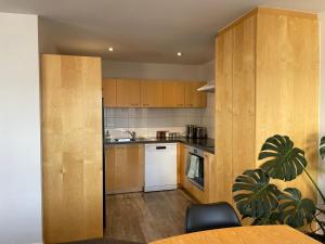 a kitchen with wooden cabinets and a white dishwasher at Apartment in the heart of the city in Christchurch