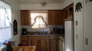 a kitchen with a sink and a refrigerator at Greer Point Trails End Cabins in Greer
