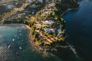 eine Insel im Ozean mit Booten im Wasser in der Unterkunft Cape Blue Suites in Achladies