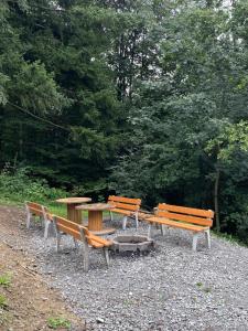 a group of benches and a table in a park at Apartament Zielony Gaj Ustroń Wczasowa 90 in Ustroń +7 photos