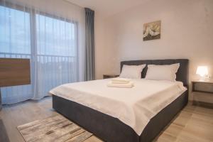 a bedroom with a large bed and a large window at CP Residence Apart in Braşov