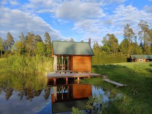 a small house on a dock on a body of water at Zemaite truoba in Milašaičiai