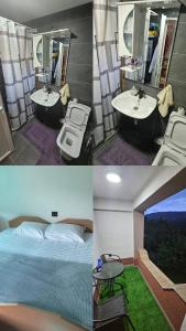 a collage of three pictures of a hotel room at Villa Sara - Apartments & Garden, Kratovo in Kratovo +28 photos