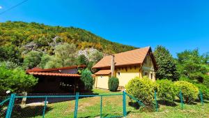 a small yellow house with a mountain in the background at Casa de vacanta Bulz in Bulz