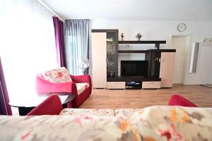 a living room with a couch and a tv at FLH - Apartament Kathy Sibiu in Turnişor