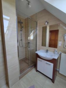 a bathroom with a sink and a shower at Domek HAWRAŃ in Jurgów +30 photos