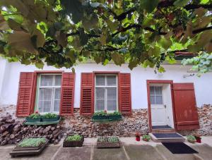 a house with red shutters and flowers in the windows at ''Casa Mia'' Camera Verde in Sibiu
