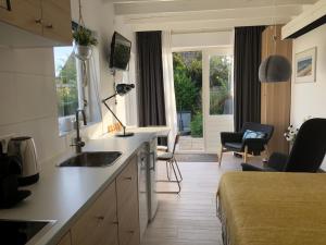a kitchen and living room with a sink and a bed at DeZwarteRuiter in Callantsoog +5 photos