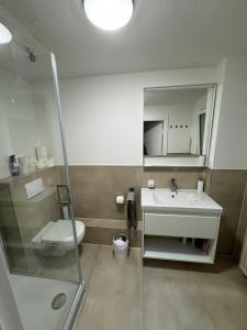 a bathroom with a toilet and a sink and a shower at Buxtehude Altstadt Wohnung 84qm für 6 Personen in Buxtehude