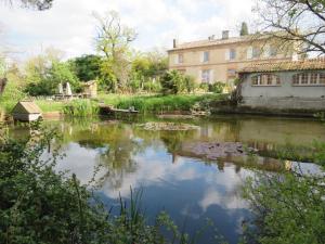 a pond in front of a large building at Lodge Robinson aux Nuits Insolites d'Argoumbat in Beaumont-de-Lomagne