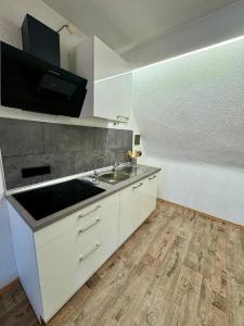 a white kitchen with a sink and a counter at Apartment am Ronhof in Fürth +7 photos