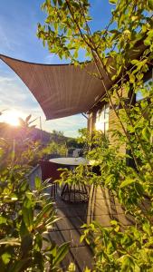 un patio avec une table et des chaises sous un toit dans l'établissement Odenwald-Lodge mit Infrarotsauna und E-Ladestation im Naturpark Odenwald "Haus Himmelblau", à Reichelsheim