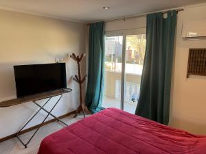 ein Schlafzimmer mit einem Bett, einem Fernseher und einem Fenster in der Unterkunft ApartaHotel Lacatedral in Reconquista