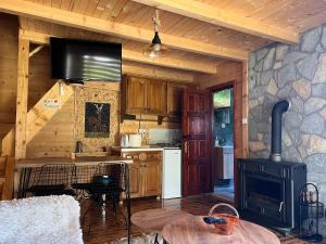 a kitchen with a stove and a table in a cabin at Ethno House Bektesevic in Gusinje